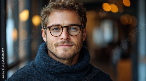 A young man with glasses and a sweater smiling warmly indoors with soft lighting and a cozy atmosphere in a stylish café