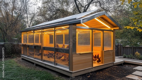 A modern backyard chicken coop with a sleek design, stainless steel elements, and minimalist aesthetic, urban farm setup