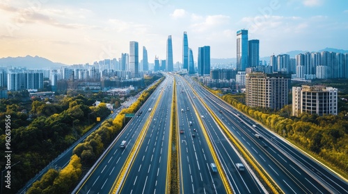 A modern highway with bright yellow traffic lines, surrounded by urban development and skyscrapers in the distance