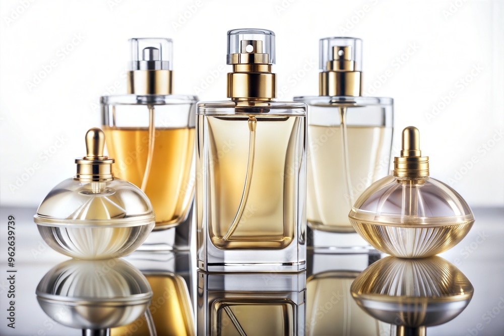 Elegant collection of perfume bottles displaying luxurious fragrance on reflective surface Elegant collection of perfume bottles displaying luxurious fragrance on reflective surface