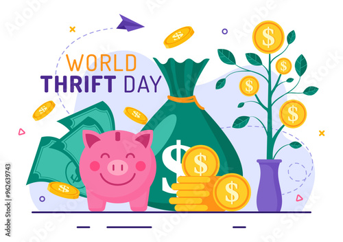 World Thrift Day Vector Illustration on 31 October with a Piggy Bank and Coins for Saving, Financial Literacy, and Economic Stability in a Background