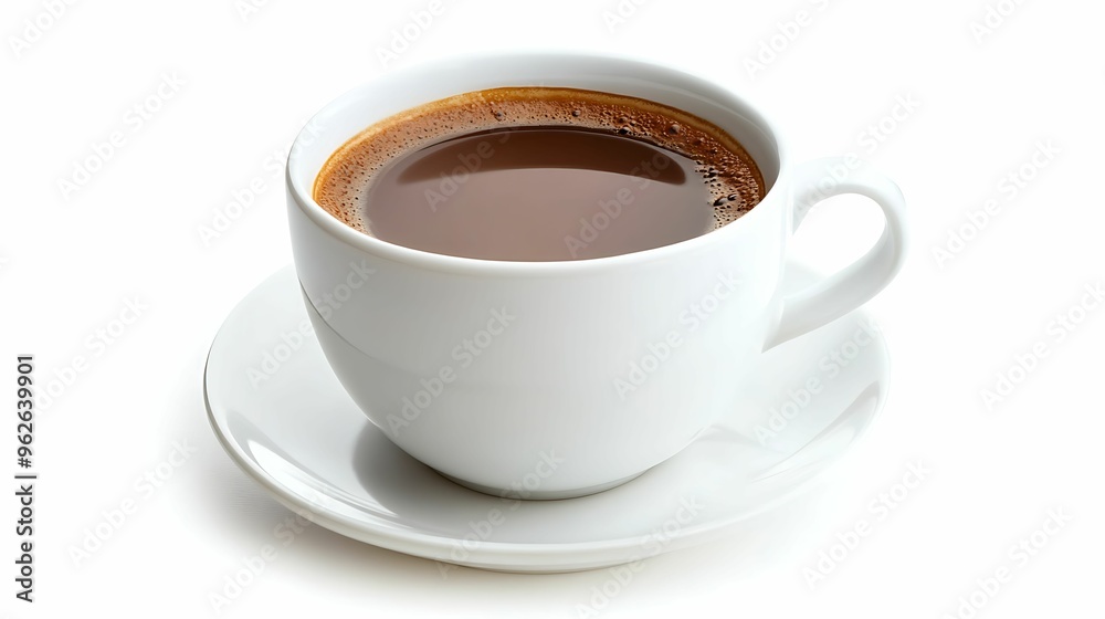 A simple white ceramic cup filled with rich black coffee, served on a matching saucer against a clean white background, representing simplicity and freshness. A simple white ceramic cup filled with rich black coffee, served on a matching saucer against a clean white background, representing simplicity and freshness.
