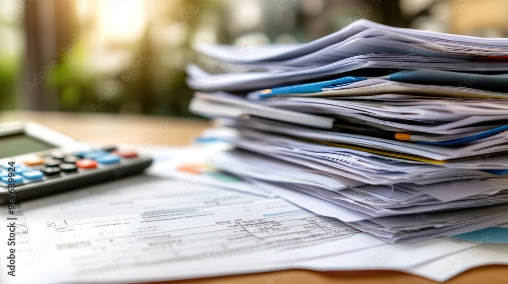 A cluttered desk with documents, a calculator, and papers, indicating work or organization tasks. A cluttered desk with documents, a calculator, and papers, indicating work or organization tasks.