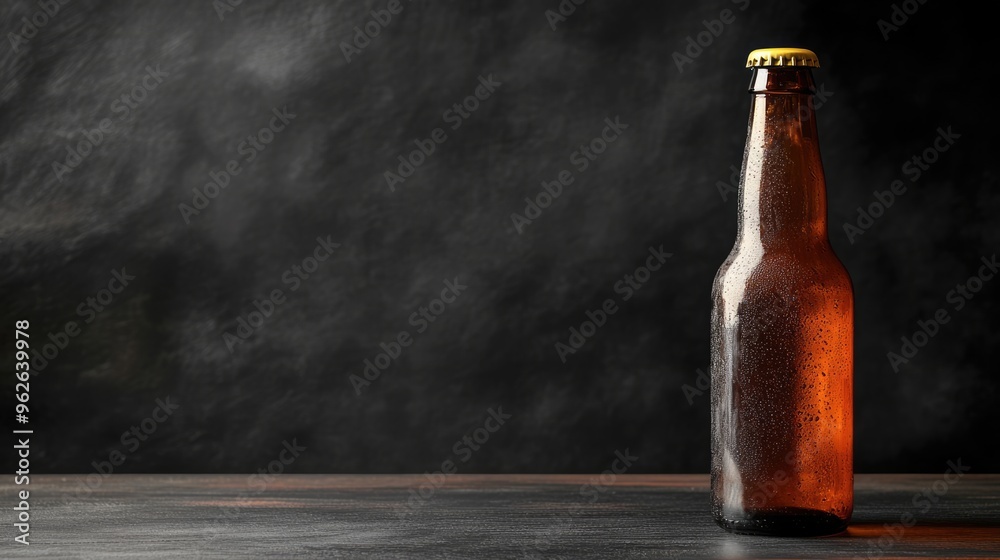 Beer bottle, light alcohol drink on black background with copy space Beer bottle, light alcohol drink on black background with copy space