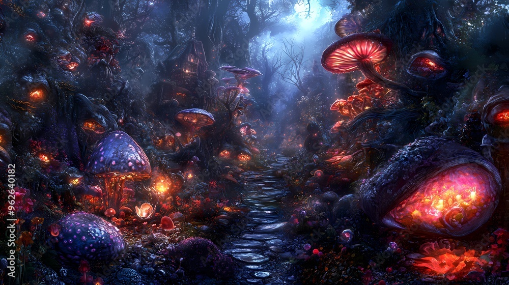 Fototapeta premium A magical forest path illuminated by glowing mushrooms and lanterns.