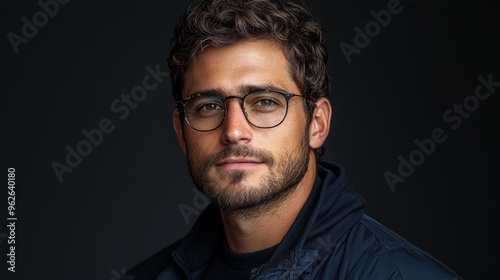 A young man with curly hair and glasses poses confidently against a dark background in a casual jacket, showcasing a thoughtful expression