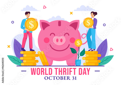 World Thrift Day Vector Illustration on 31 October with a Piggy Bank and Coins for Saving, Financial Literacy, and Economic Stability in a Background
