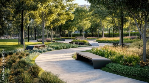 Wallpaper Mural A modern public park with sleek benches, walking paths, and a mix of natural greenery and urban elements Torontodigital.ca