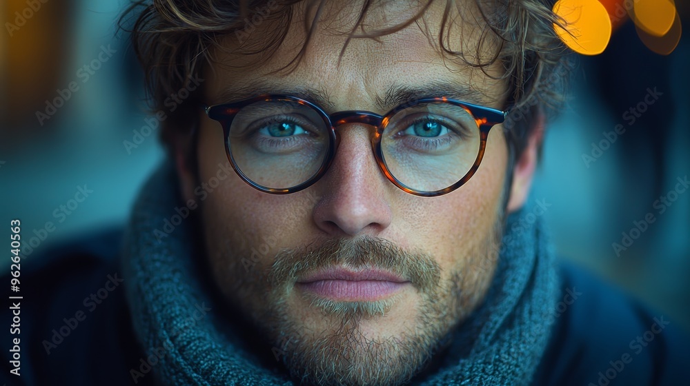 A close-up portrait of a man with glasses and a scarf, showcasing his thoughtful expression in a softly lit urban environment A close-up portrait of a man with glasses and a scarf, showcasing his thoughtful expression in a softly lit urban environment