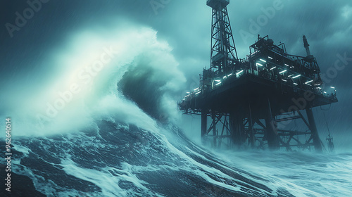 A tsunami wave smashing into an oil platform in the ocean during a storm