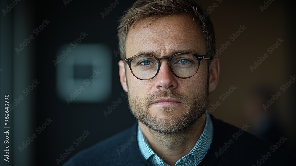 Man with glasses looking thoughtfully at the camera in a modern interior space during daylight hours Man with glasses looking thoughtfully at the camera in a modern interior space during daylight hours