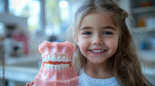 Dentist showing a child how to brush their teeth properly using a large model, child mimicking with a giant toothbrush, bright and modern dental office,