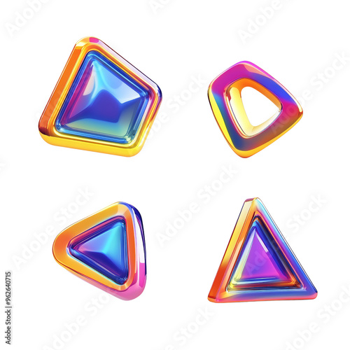 set of abstract triangle geometric shapes fluid holographic Iridescent 3d render icon isolated on transparent background cutout photo