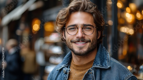 Smiling young man with glasses enjoys a casual moment outside a cozy street café during a sunny afternoon