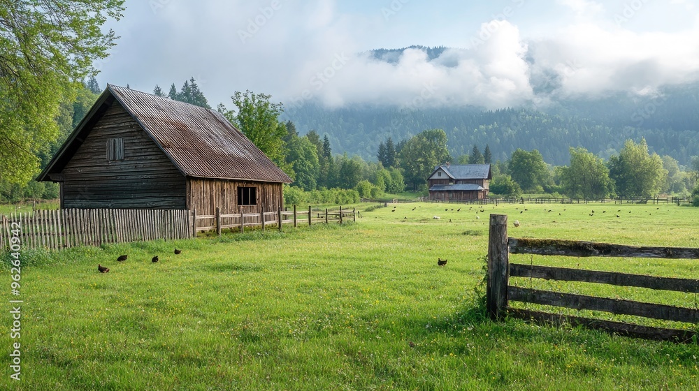 A panoramic view of a rural chicken coop surrounded by a grassy field, with a traditional farmhouse in the background A panoramic view of a rural chicken coop surrounded by a grassy field, with a traditional farmhouse in the background