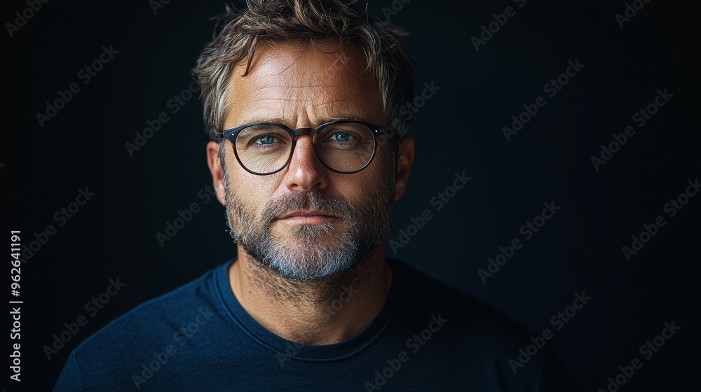 A contemplative man with glasses poses against a dark background, exuding confidence and kindness during a quiet moment A contemplative man with glasses poses against a dark background, exuding confidence and kindness during a quiet moment