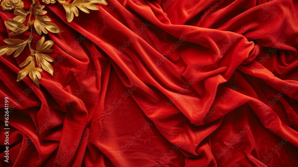 Elegant dark red velvet background with golden floral ornament in upper left corner Elegant dark red velvet background with golden floral ornament in upper left corner