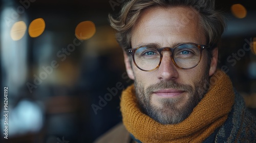 A young man with glasses and a thick scarf poses warmly in a cozy café, highlighting the ambiance of autumn vibes and intimate gatherings photo