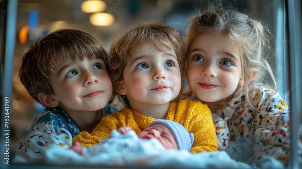 Family visiting a newborn in the hospital, siblings making funny faces at the baby through the glass, warm and emotional moment, Family visiting a newborn in the hospital, siblings making funny faces at the baby through the glass, warm and emotional moment,