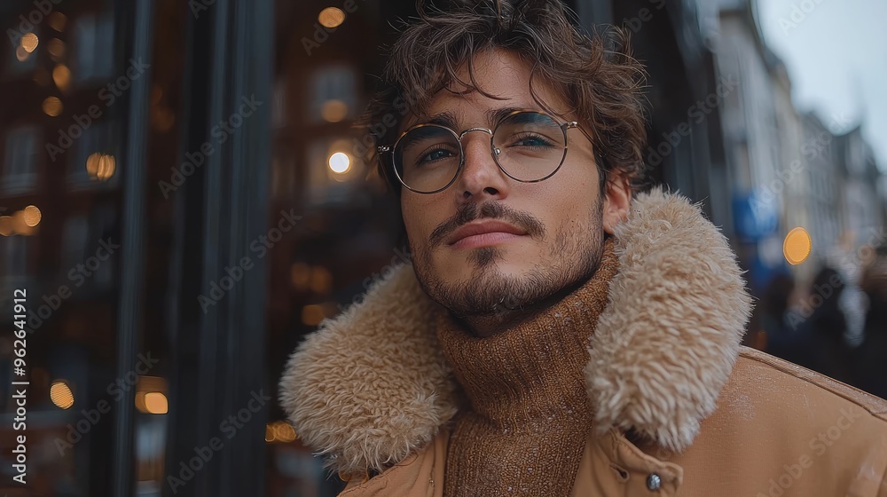 Young man with stylish glasses and a fur-collared jacket poses confidently on a bustling city street in autumn Young man with stylish glasses and a fur-collared jacket poses confidently on a bustling city street in autumn