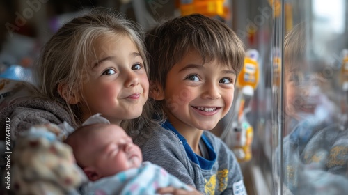 Family visiting a newborn in the hospital, siblings making funny faces at the baby through the glass, warm and emotional moment, photo