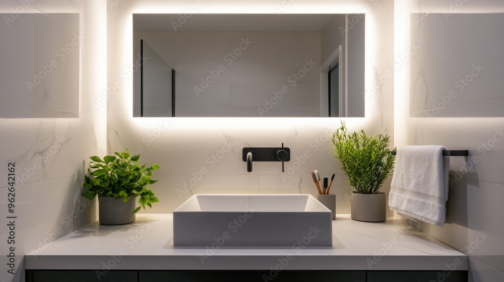 A stylish modern bathroom mirror with integrated LED lighting, above a sleek vanity with a matte black faucet A stylish modern bathroom mirror with integrated LED lighting, above a sleek vanity with a matte black faucet