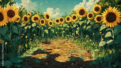 A sunflower field ground with tall sunflowers casting shadows, rich soil, and buzzing bees under a bright summer sun