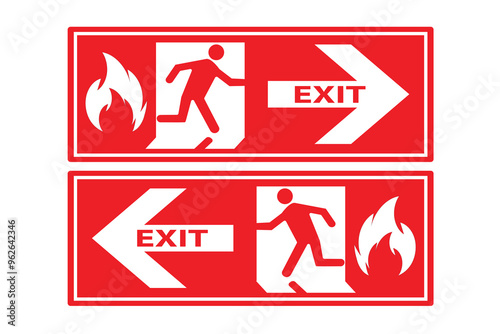 Exit sign left and right simbol or icon. Emergency fire exit door and exit door. Red icon on white background