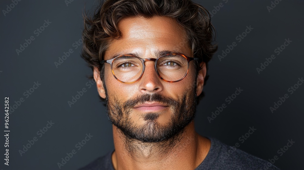 A man with curly hair and glasses poses confidently against a dark background highlighting his facial features A man with curly hair and glasses poses confidently against a dark background highlighting his facial features