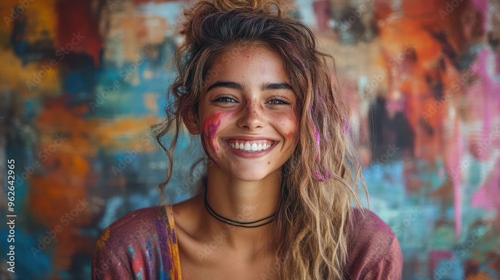 Fototapeta premium Group of roommates painting their living room walls with bold colors, one person accidentally getting paint on face, laughter and spontaneity,