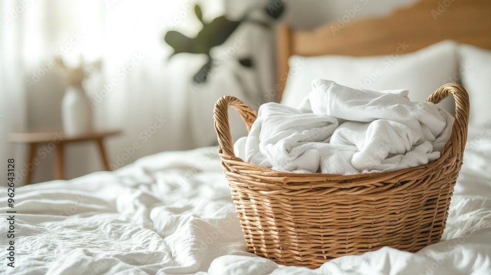 Obraz premium A wicker basket holding folded, clean laundry, placed on a bed with fresh white linens and a cozy bedroom atmosphere