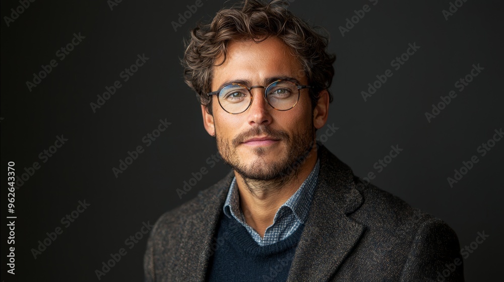 Obraz premium Stylish young man with curly hair and glasses dressed in a blazer, posed against a dark background in a modern studio setting