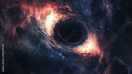 A cosmic depiction of a black hole surrounded by vibrant, swirling galaxies.