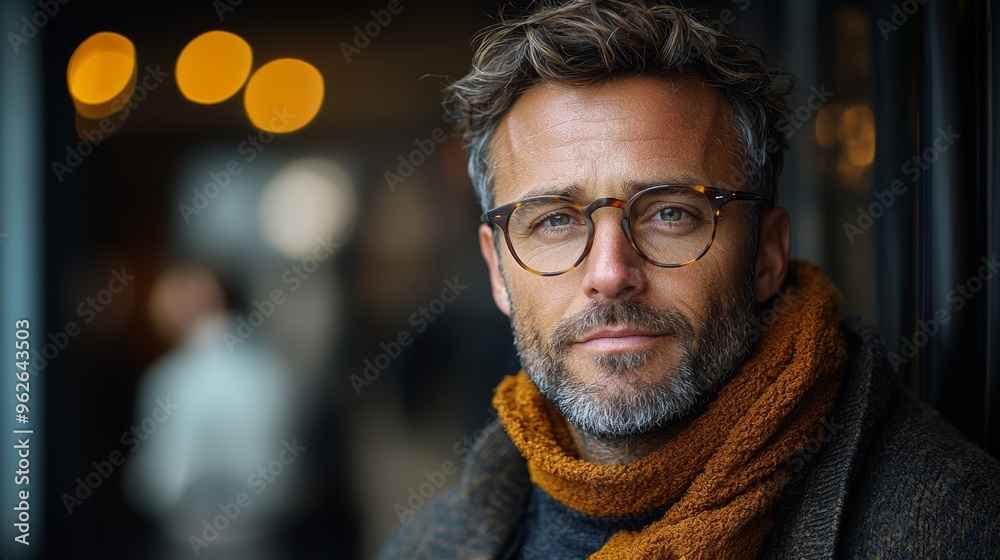 Man with glasses and beard wearing an orange scarf poses warmly in a cozy café during a winter afternoon Man with glasses and beard wearing an orange scarf poses warmly in a cozy café during a winter afternoon
