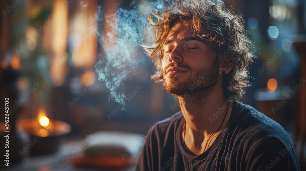 Man practicing a breathing exercise while sitting on a meditation cushion, incense burning nearby, dimly lit room, tranquil and focused, Man practicing a breathing exercise while sitting on a meditation cushion, incense burning nearby, dimly lit room, tranquil and focused,