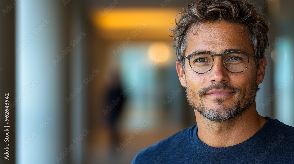 Fototapeta premium Man with glasses and tousled hair smiles confidently in a modern indoor setting during daylight hours