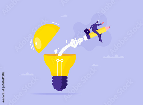 Creativity to create new idea concept, imagination or invention, inspiration, education or writing content or boost creative thinking, businessman riding pencil rocket from opening lightbulb
