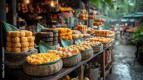 A street market scene showcasing an array of Thai deserts.