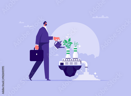 Eco friendly sustainable concept, reduce factory pollution to help stop climate change or global warming, businessman plant trees that help make the world a better place, Climate change problem