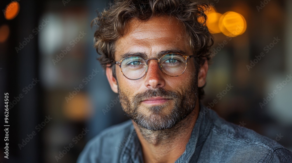A young man with curly hair and glasses smiles warmly while seated at a cozy café in the afternoon light A young man with curly hair and glasses smiles warmly while seated at a cozy café in the afternoon light