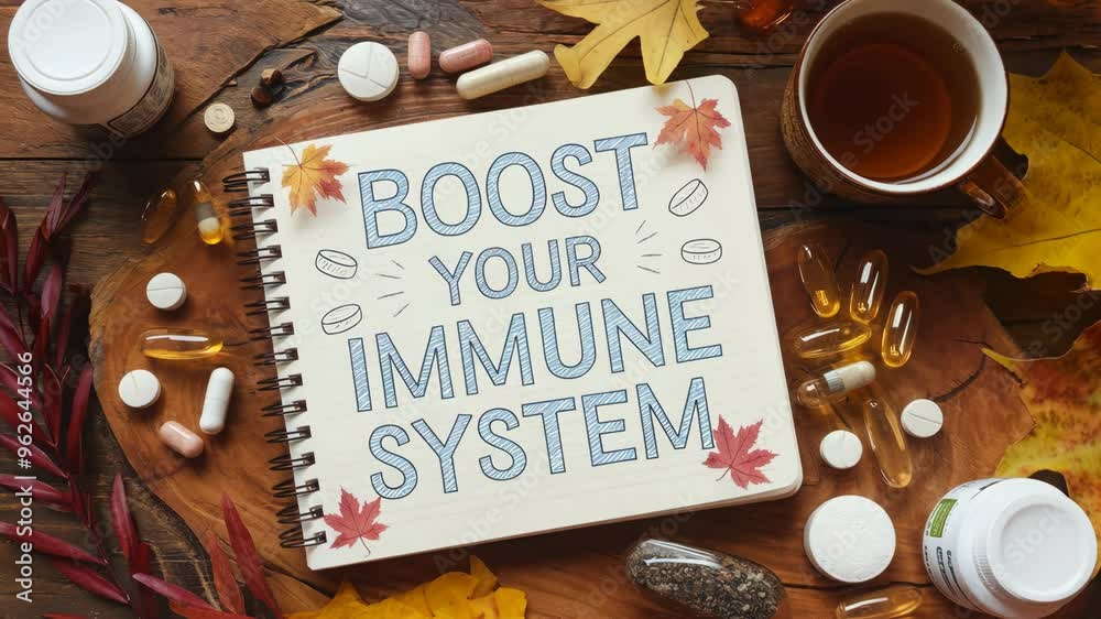 video depicting a clean notebook page surrounded by autumn leaves, vitamins, and supplements. The phrase 
