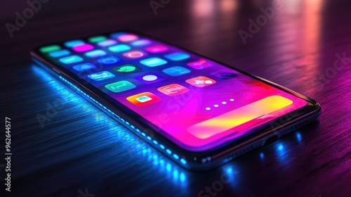 Wallpaper Mural Close-up of a modern smartphone lying on a wooden table, displaying a futuristic app interface with vibrant colors Torontodigital.ca