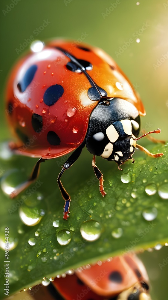 Fototapeta premium Ladybug on a dewy leaf with water droplets sparkling in the sunlight