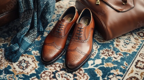 Close-up of luxury leather shoes with polished surface, paired with a designer bag and scarf on a plush carpet photo