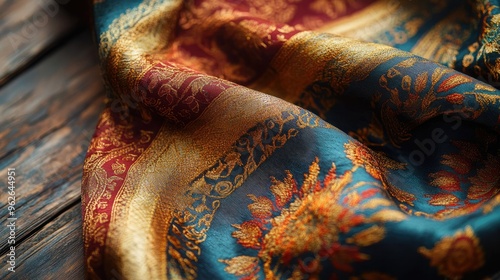 Close-up of luxury silk fabric with intricate embroidery details, gently draped over a wooden surface photo