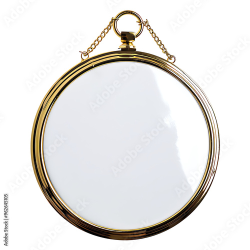 A Gold-Framed Round Picture Frame Hanging on a Chain photo