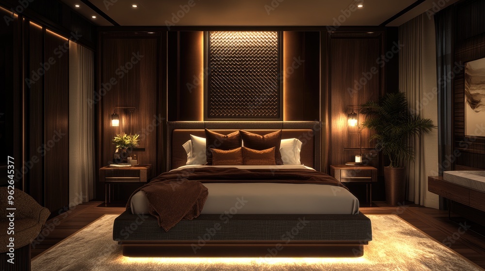 Luxurious bedroom with a king-sized bed, silk sheets, plush pillows, and elegant decor accents, softly lit by bedside lamps Luxurious bedroom with a king-sized bed, silk sheets, plush pillows, and elegant decor accents, softly lit by bedside lamps