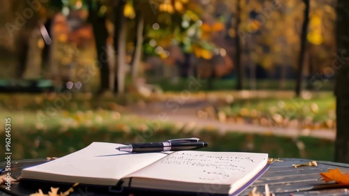 A peaceful autumn day in the park with an open notebook and pen on a table detailed with fallen leaves