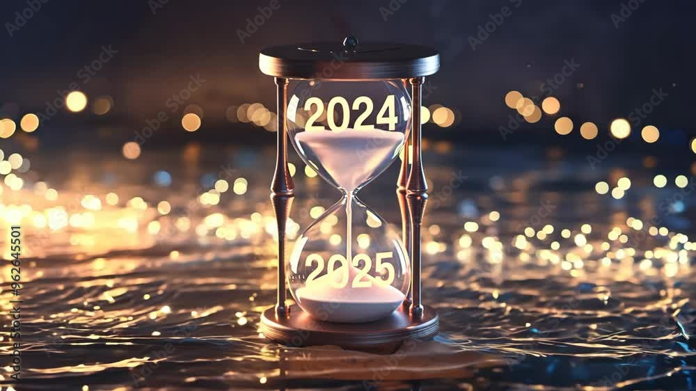 An hourglass displays the transition from 2024 to 2025, symbolizing the passage of time and the arrival of the New Year, set against a festive backdrop with bokeh lights
