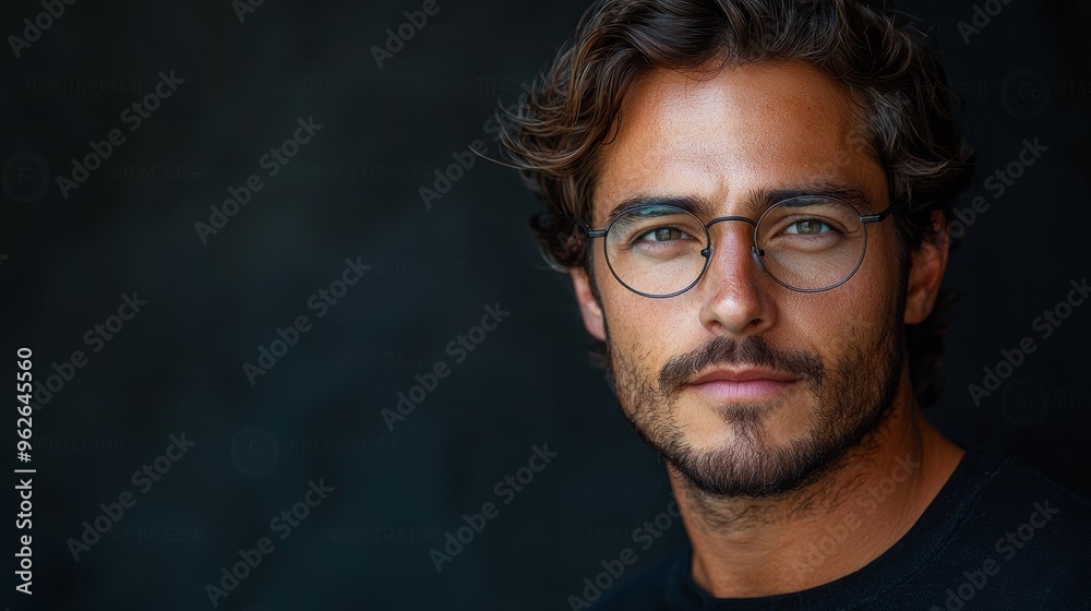A close-up portrait of a man with glasses and tousled hair against a dark background, showcasing a thoughtful expression and casual demeanor A close-up portrait of a man with glasses and tousled hair against a dark background, showcasing a thoughtful expression and casual demeanor